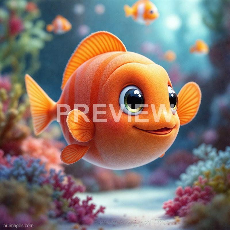 The image features a brightly colored, animated clownfish with large, expressive eyes and a cheerful expression. The fish is predominantly orange with white stripes, and it is swimming in a vibrant underwater coral reef environment filled with various types of coral and other small fish in the background. The scene is lively and playful, with a soft, colorful background that emphasizes the animated character's friendly appearance.